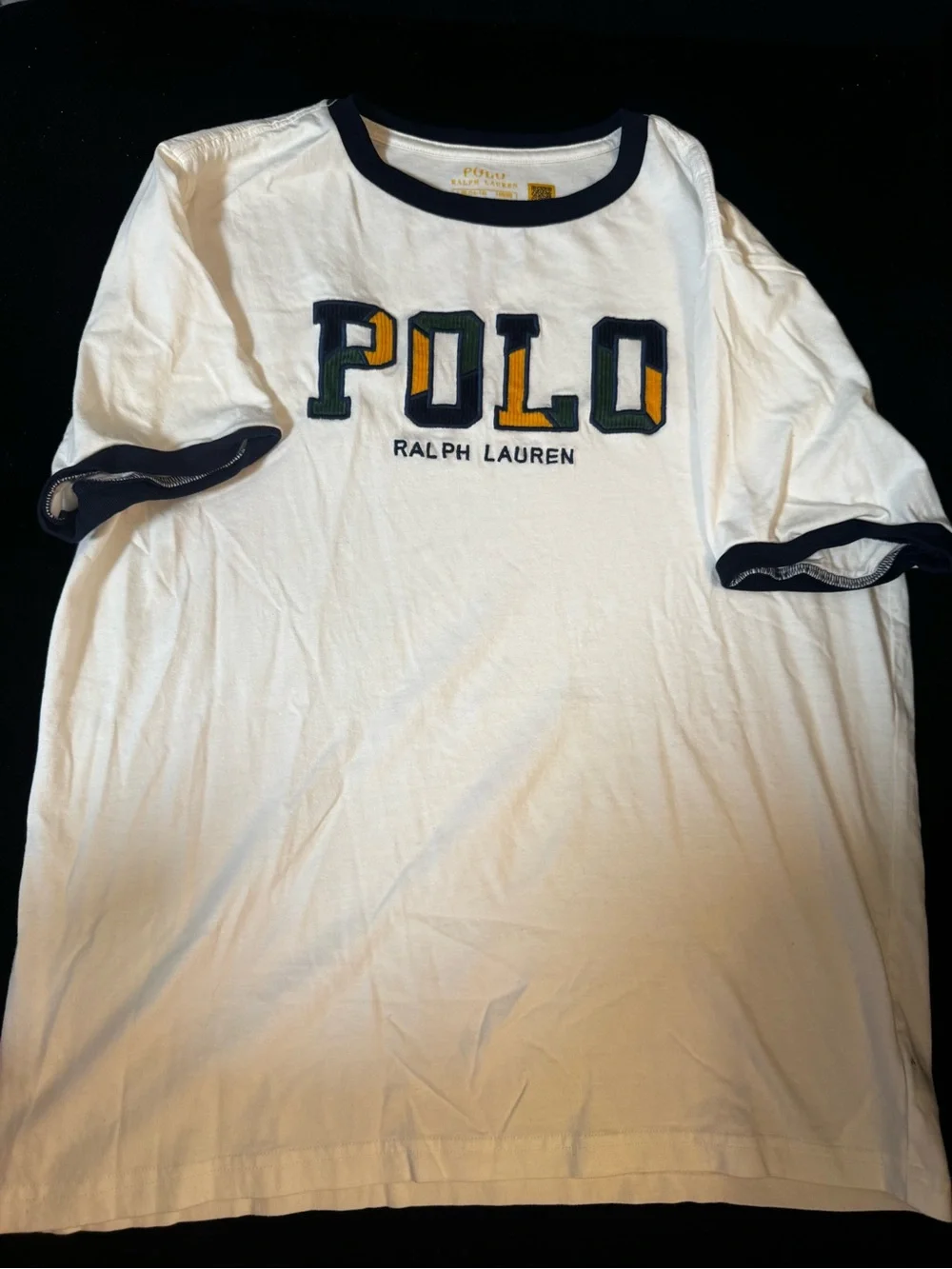 Ralph Lauren White Ringer Tee with Navy Trim and Multicolor Embroidered POLO